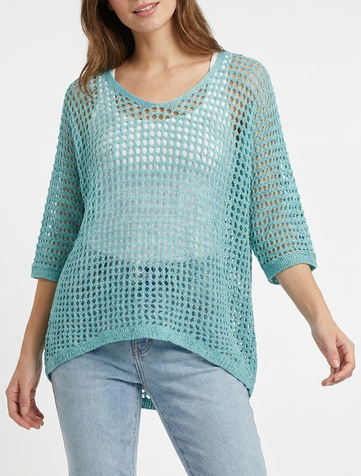 Pull uni ajouré à manches courtes - Turquoise