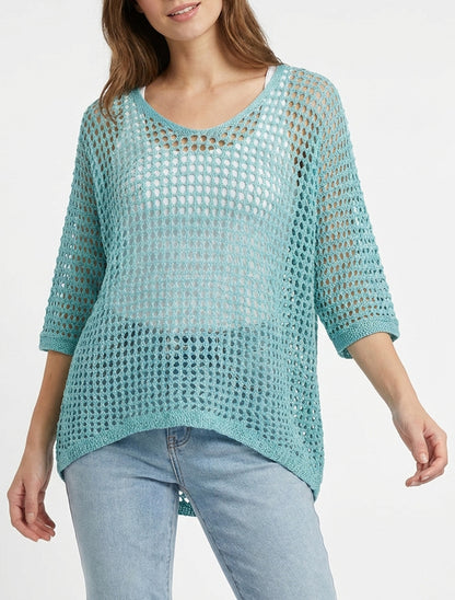 Pull uni ajouré à manches courtes - Turquoise