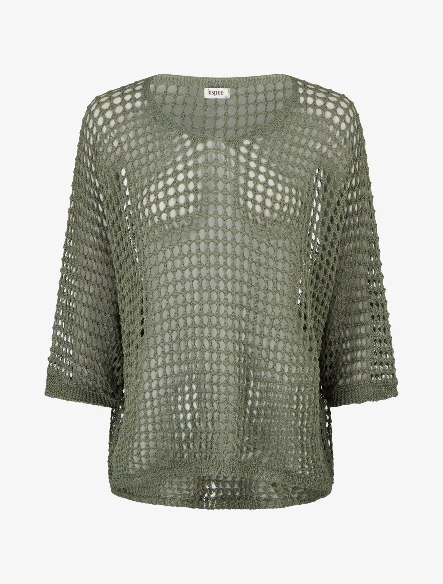 Pull uni ajouré à manches courtes - Kaki - 1