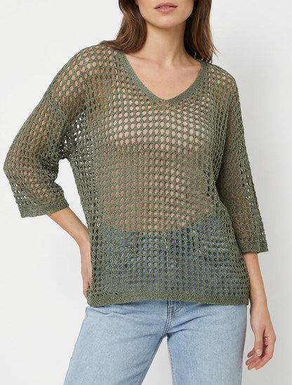 Pull uni ajouré à manches courtes - Kaki