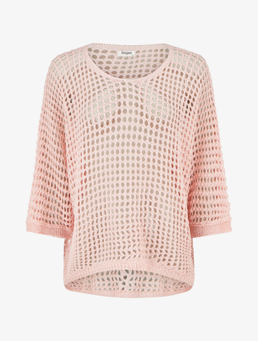 Pull uni ajouré à manches courtes - Rose - 1