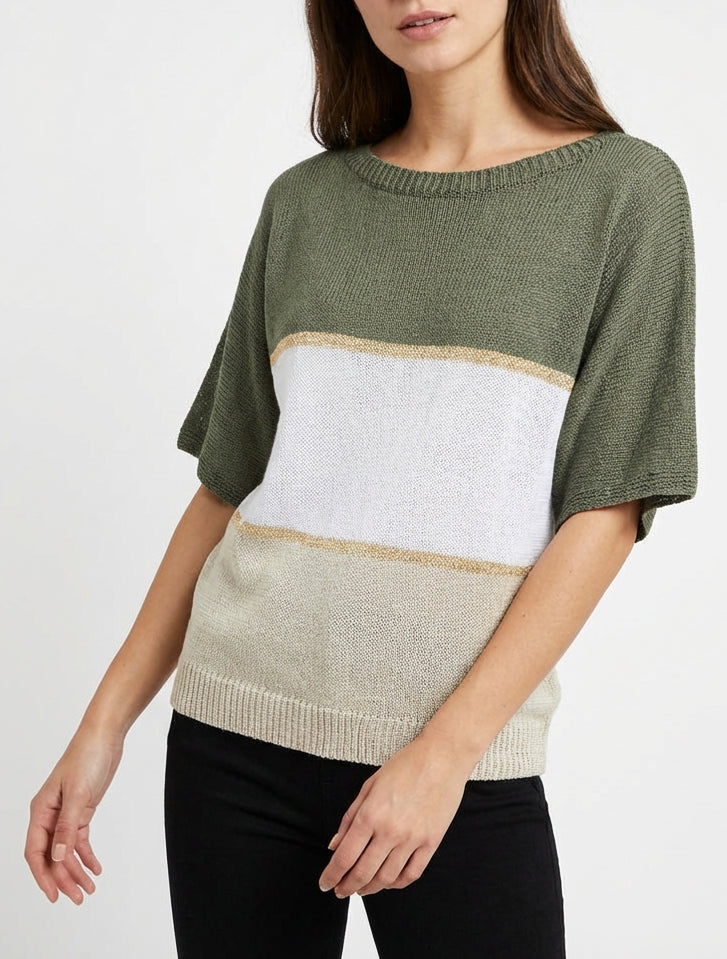 Pull rayé fin à manches courtes - Kaki