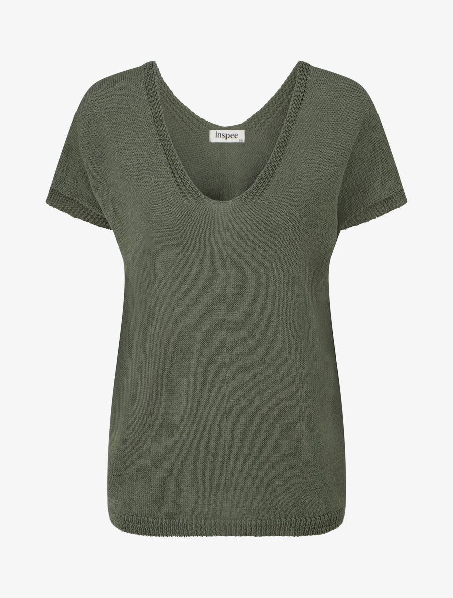 Top droit en maille à manches courtes - Kaki - 1