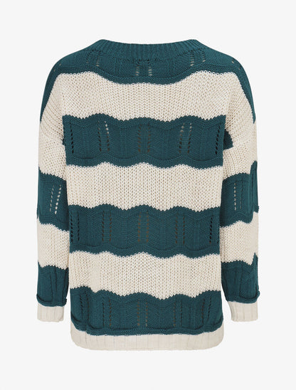 Pull en maille ajourée à rayures stylisées - Bleu pétrole - 2
