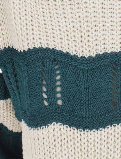 Pull en maille ajourée à rayures stylisées - Bleu pétrole - 3