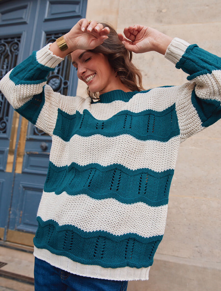 Pull en maille ajourée à rayures stylisées - Bleu pétrole - 4