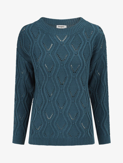 Pull ajouré en maille fantaisie - Bleu pétrole - 1