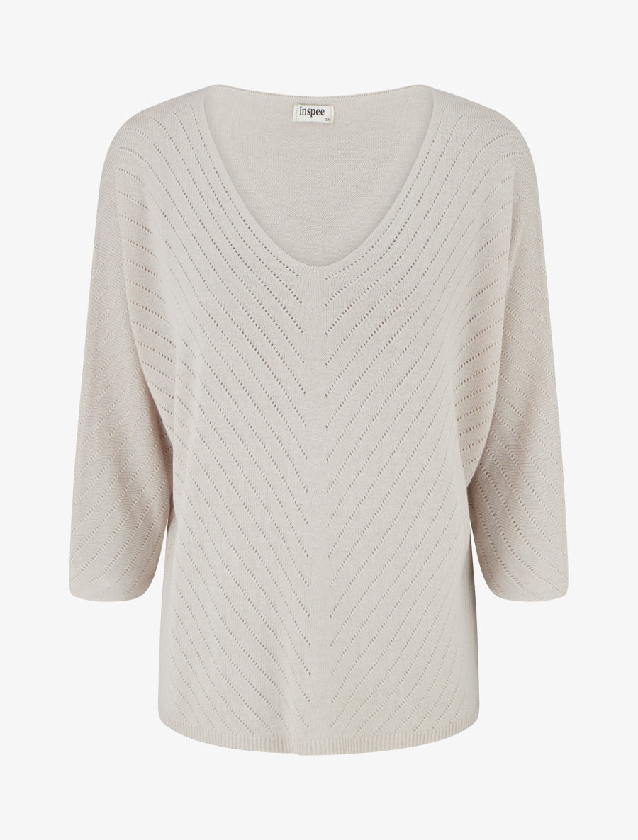 Pull fin uni à lignes ajourées - Beige - 1