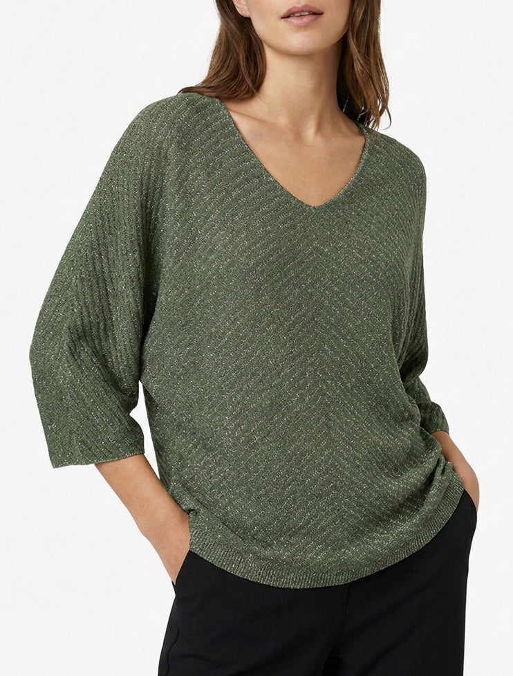 Pull fin irisé à manches 3/4 - Kaki
