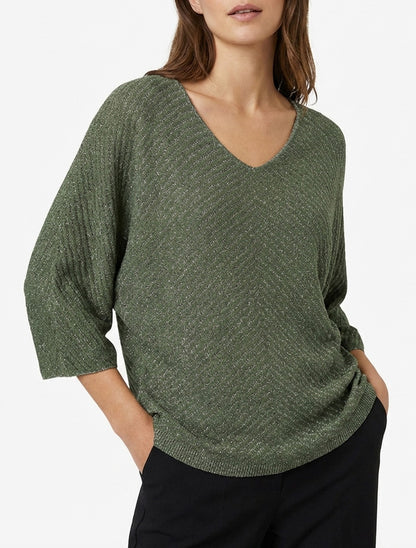 Pull fin irisé à manches 3/4 - Kaki