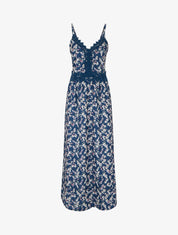 Robe longue fleurie à dos élastiqué - Marine - 1