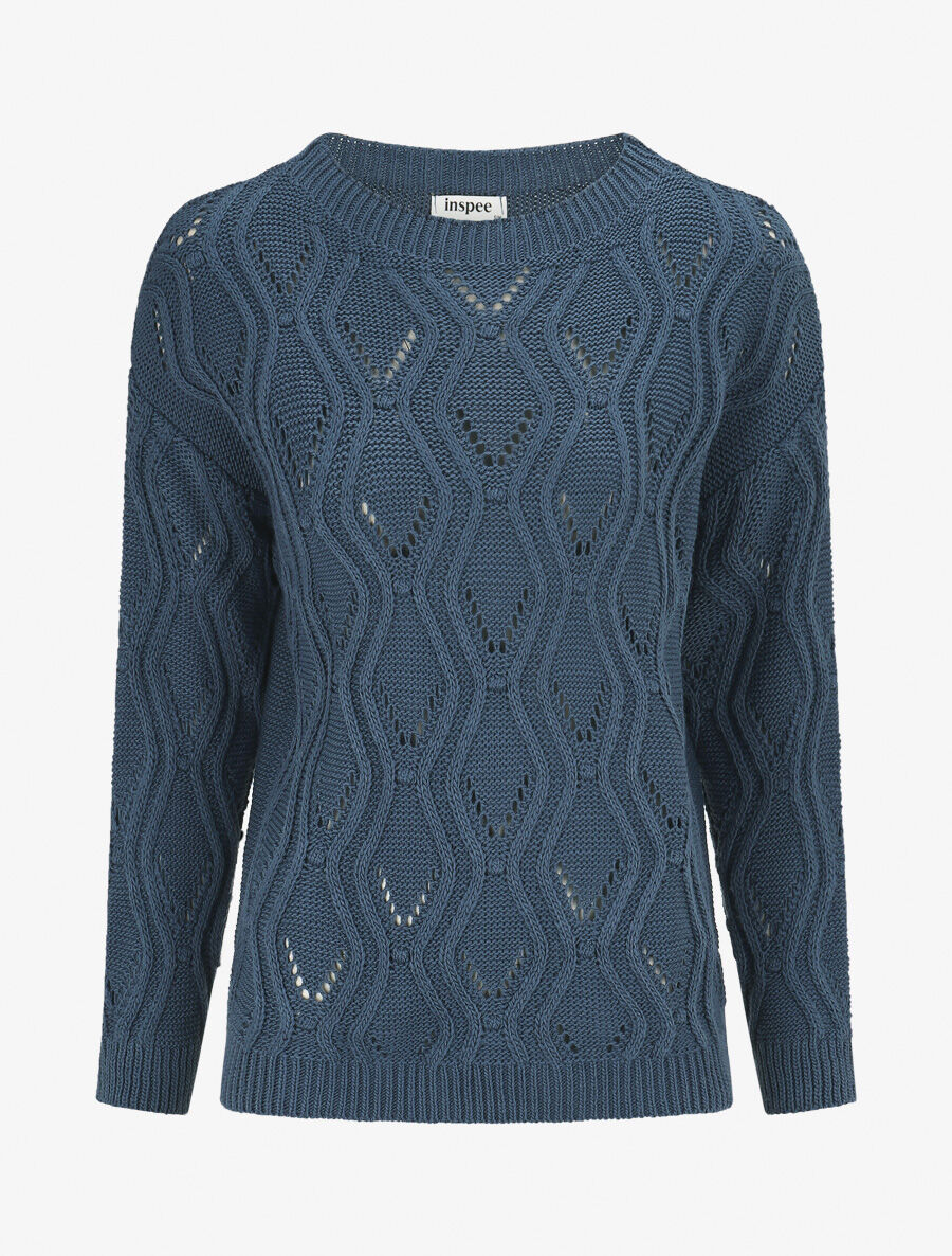 Pull ajouré en maille fantaisie - Bleu charrette - 1
