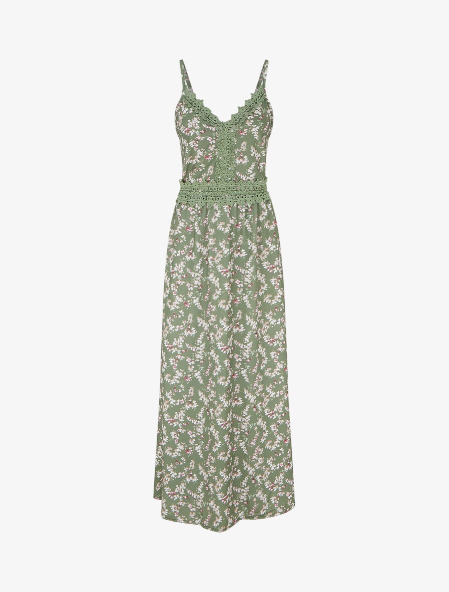 Robe longue fleurie à dos élastiqué - Kaki - 1