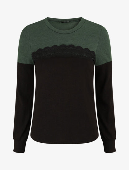 Pull fin et bande en dentelle - Vert sapin - 1