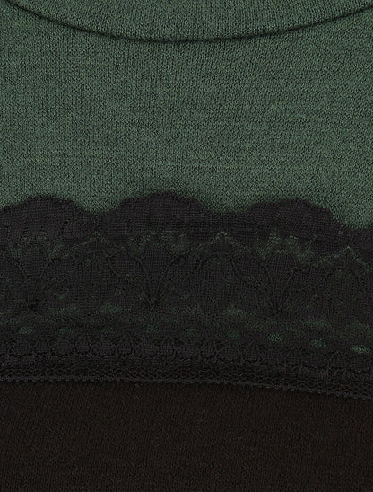 Pull fin et bande en dentelle - Vert sapin - 3