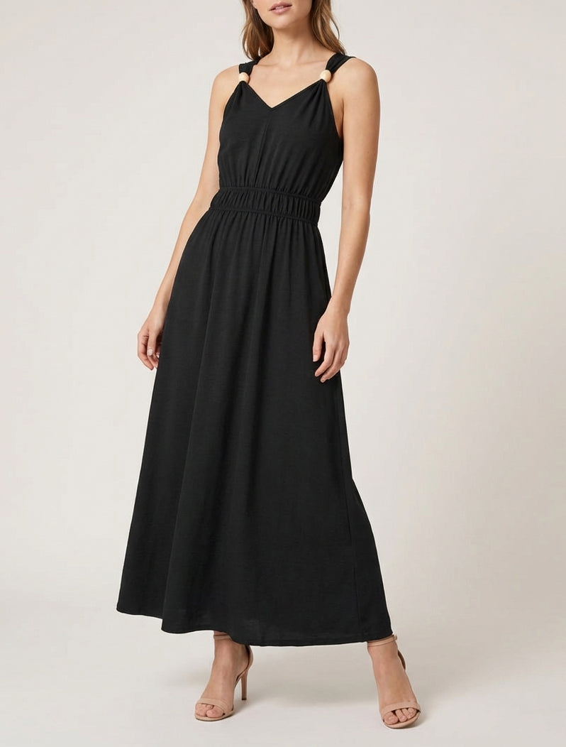 Robe unie à empiècement perles en bois - Noir