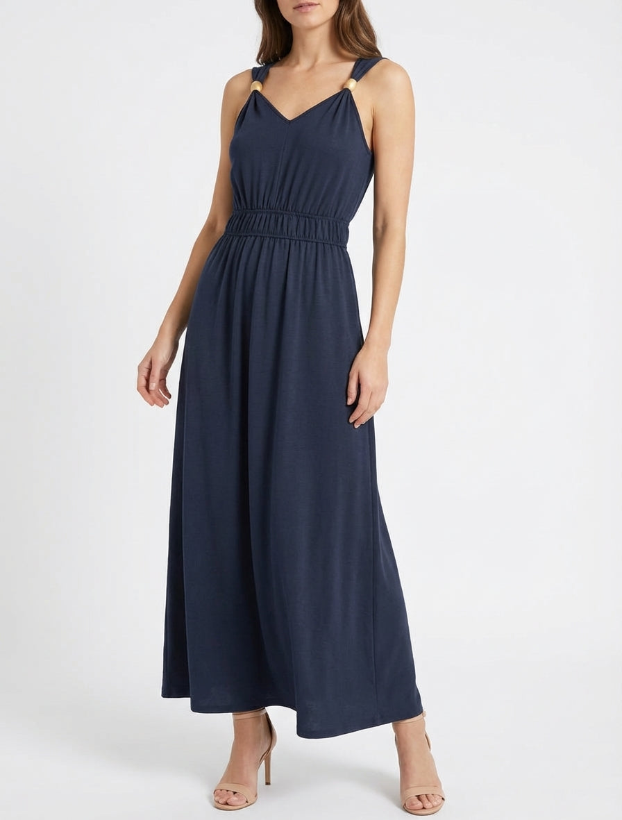 Robe unie à empiècement perles en bois - Marine