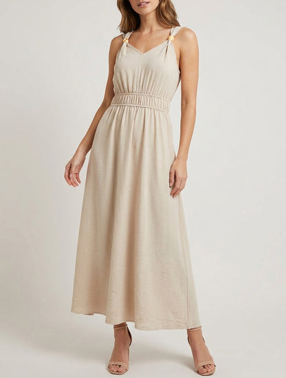 Robe unie à empiècement perles en bois - Beige