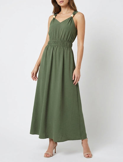 Robe unie à empiècement perles en bois - Kaki