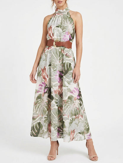 Robe longues sans manches imprimé tropical - Kaki