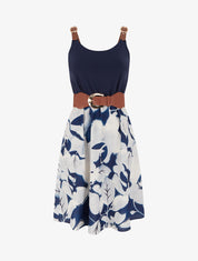 Robe mi-longue à bretelles en simili - Marine - 1