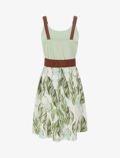 Robe mi-longue imprimée à bretelles en simili - Vert d&