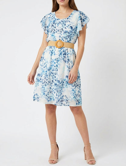 Jurk met ruches mouwtjes met luipaard- en bloemenprint - Marine