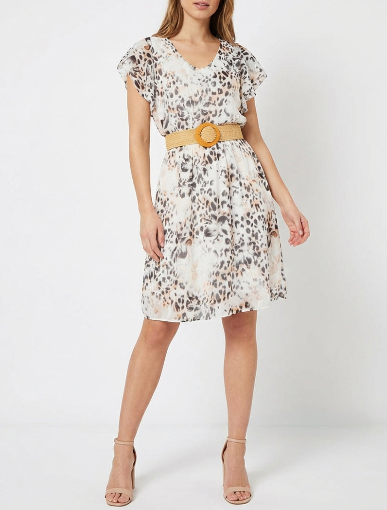Jurk met ruches mouwtjes met luipaard- en bloemenprint - Zwart