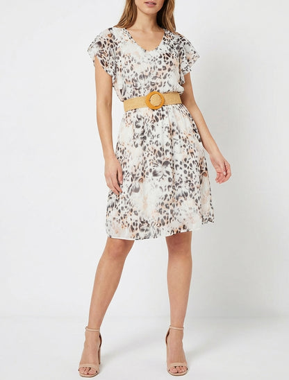 Jurk met ruches mouwtjes met luipaard- en bloemenprint - Zwart