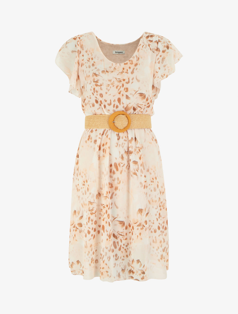Robe à mancherons volantés imprimé léopard et fleurs - Camel - 1
