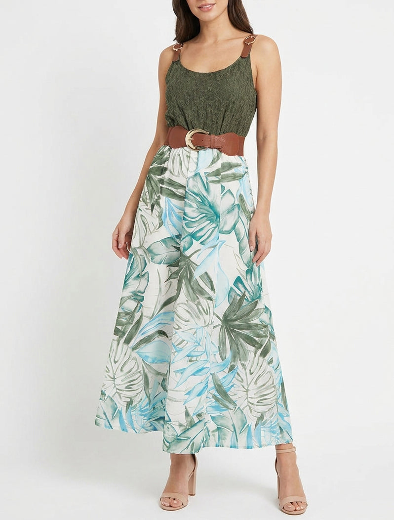 Robe longue à imprimé tropical et bretelles simili - Kaki