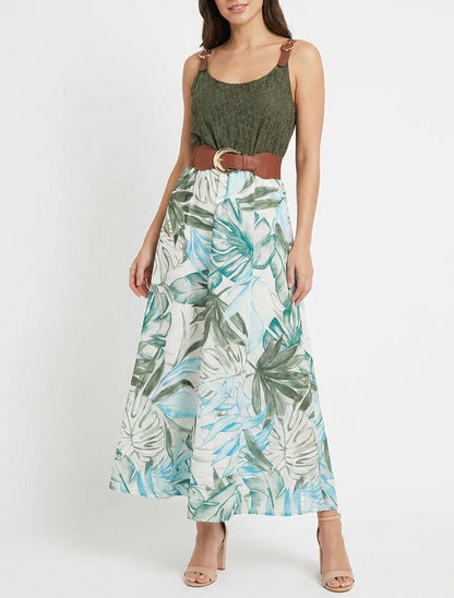 Robe longue à imprimé tropical et bretelles simili - Kaki