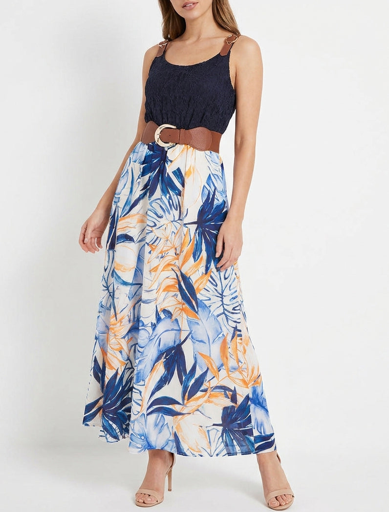 Lange jurk met tropische print en imitatiebandjes - Marine
