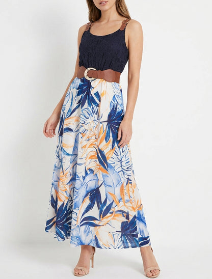Lange jurk met tropische print en imitatiebandjes - Marine
