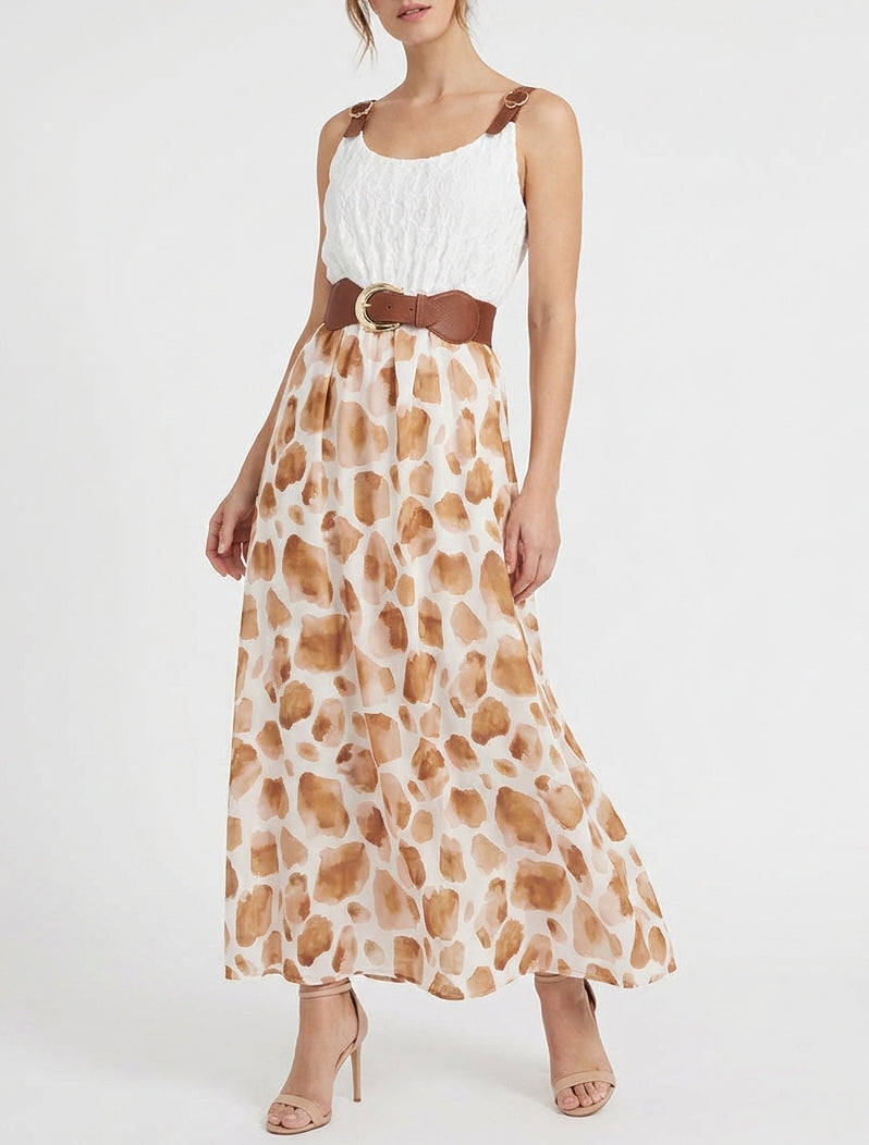 Robe longue à imprimé girafe et bretelles simili - Marron