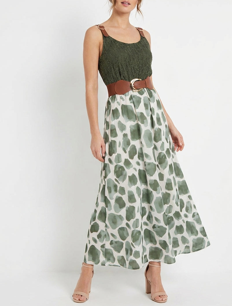 Robe longue à imprimé girafe et bretelles simili - Kaki