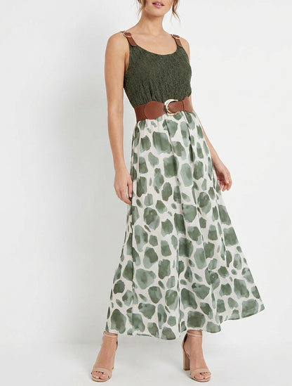 Robe longue à imprimé girafe et bretelles simili - Kaki