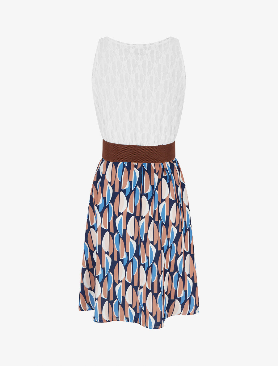 Robe mi-longue imprimé graphique et bretelles simili - Marine - 2