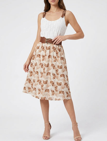 Midi-jurk met ginkgo-print en imitatiebandjes. - Bruin