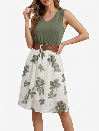 Robe coupe évasée imprimé floral - Kaki