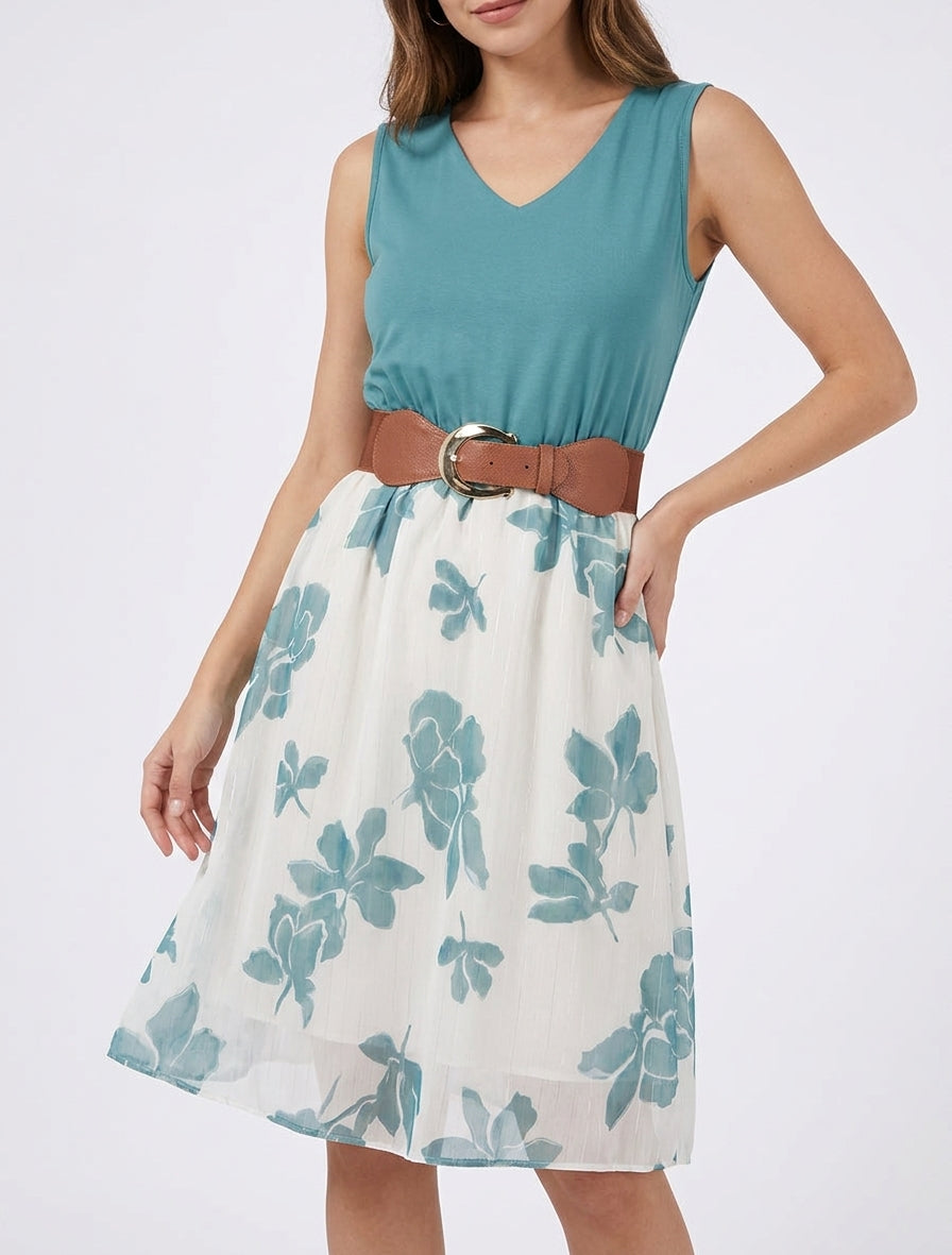 Robe coupe évasée imprimé floral - Bleu clair