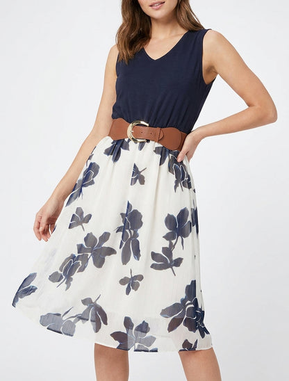 Robe coupe évasée imprimé floral - Marine