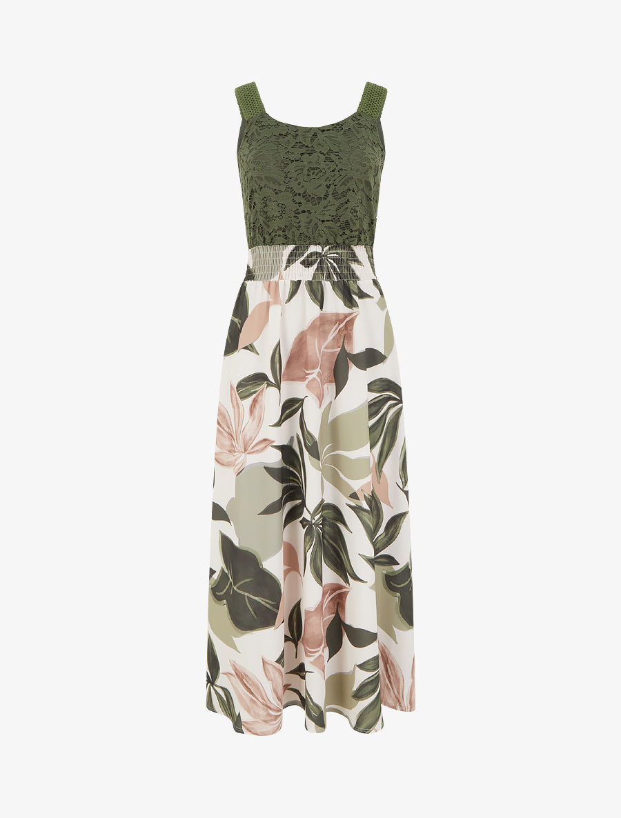 Robe imprimé fantaisie à bretelles en crochet - Kaki - 1