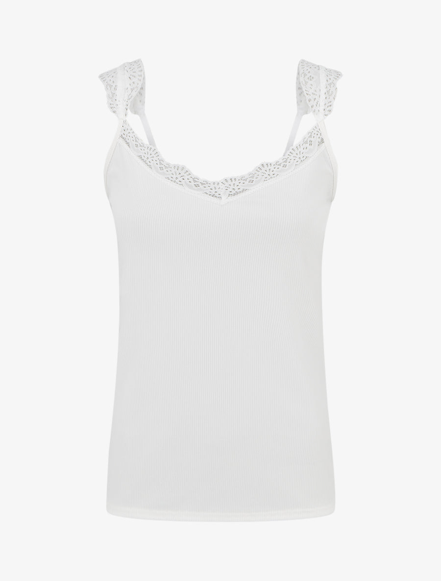 Débardeur côtelé à bretelles en dentelle - Blanc - 1