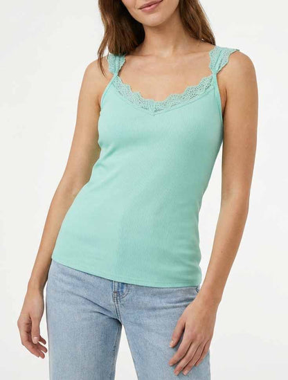 Débardeur côtelé à bretelles en dentelle - Vert d&