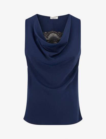 Top sans manches à col bénitier et dentelle - Marine - 1