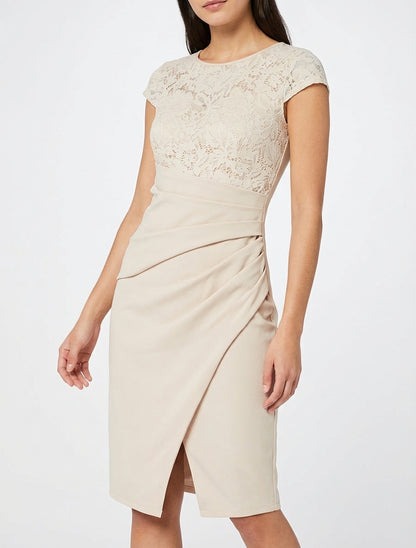 Robe ajustée à dentelle et drapé - Beige