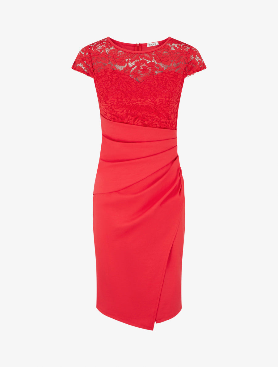 Robe ajustée à dentelle et drapé - Rouge - 1