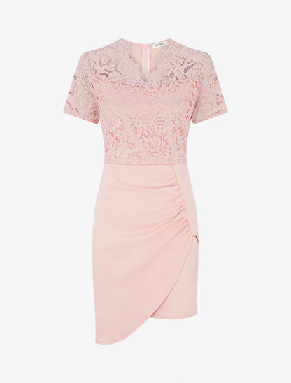 Robe ajustée à manches courtes et dentelle - Rose - 1
