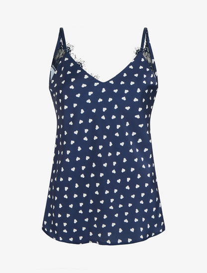 Caraco imprimé coeurs à dentelle au dos - Marine - 1